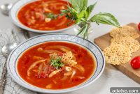 Herbed Tomato & Fennel Soup with Parmesan Crisps and Basil