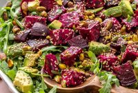 Roasted Beet Salad with Lemon Tahini Dressing and Pistachios