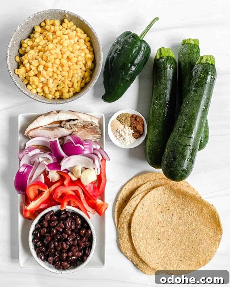 Vegan Roasted Veggie Tacos ingredients against a white background