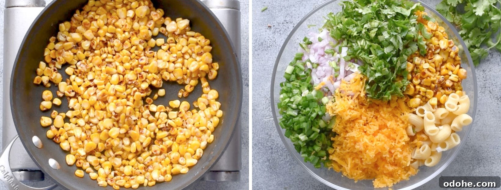 Fresh Corn Pasta Salad with Zesty Lime and Herbs 2 Collage shows steps to make the salad by roasting the corn as in the left image and the ingredients assembled in a large bowl shown in the right image.