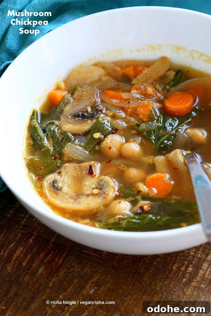 Mushroom Chickpea Soup with Veggies, greens. Winter Brothy soup with spices | VeganRicha.com #vegan #soup #glutenfree