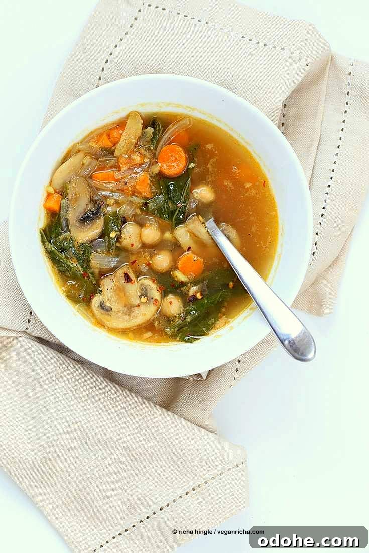 Mushroom Chickpea Soup with Veggies, greens. Winter Brothy soup with spices | VeganRicha.com #vegan #soup #glutenfree