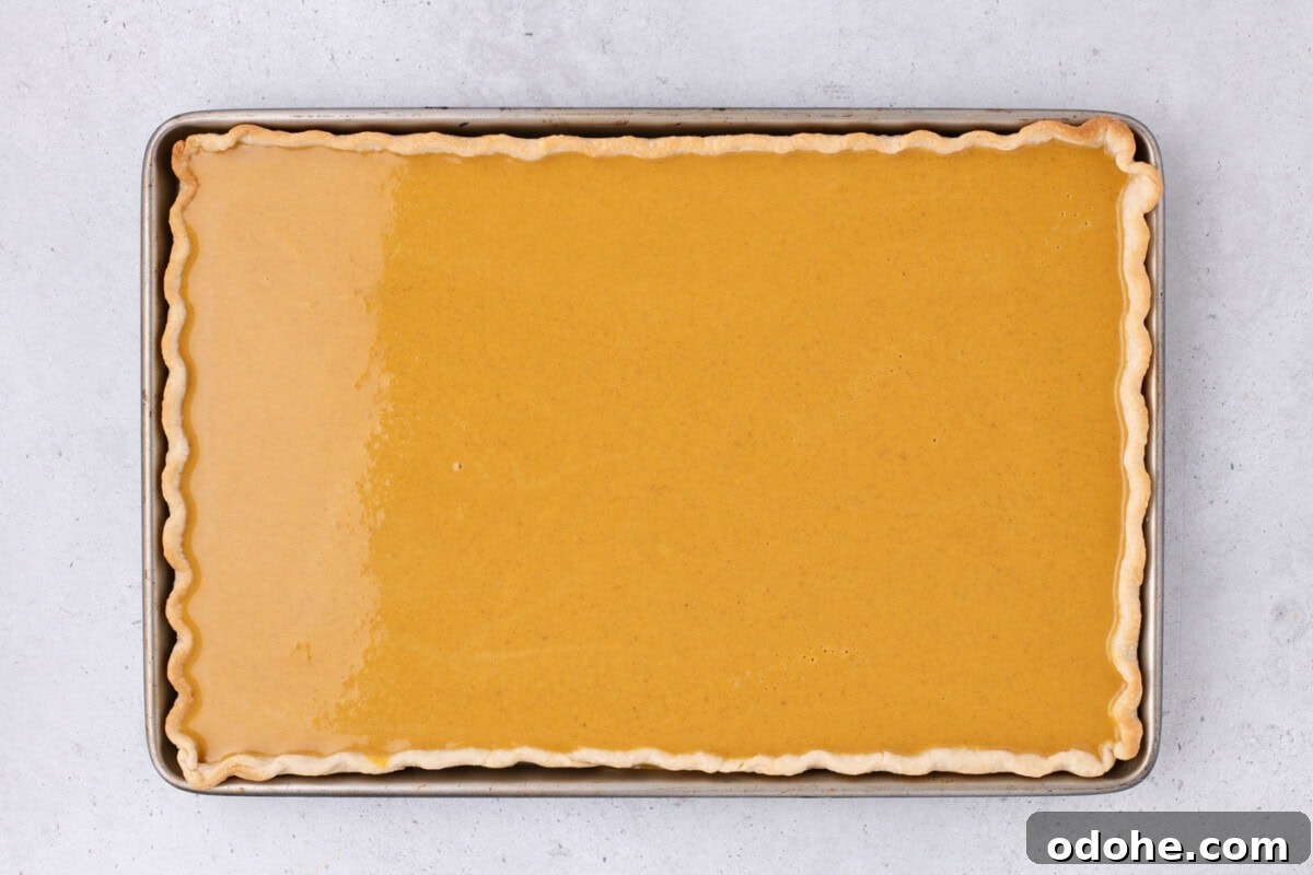 Giant Pumpkin Slab Pie Recipe for Fall Gatherings 14 pumpkin pie filling over crust in a jelly roll pan