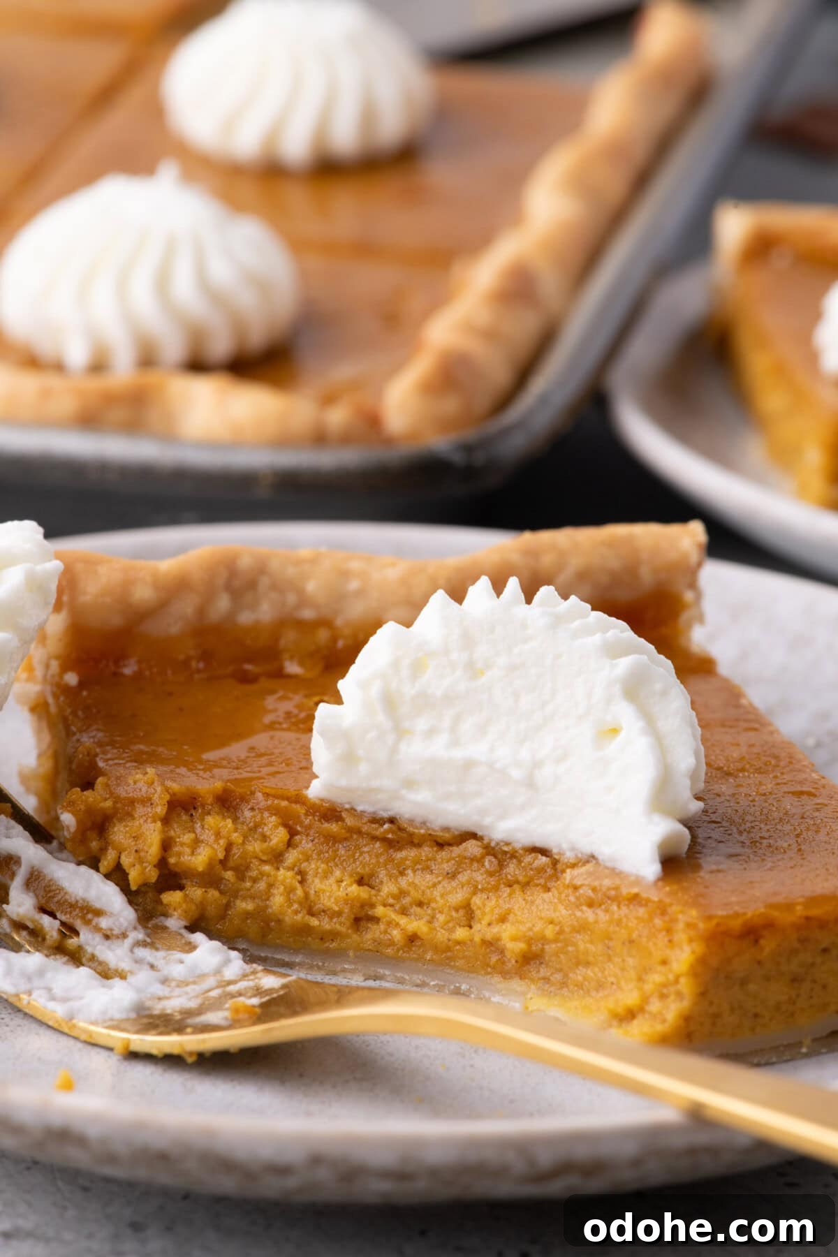 Giant Pumpkin Slab Pie Recipe for Fall Gatherings 17 Slice of Pumpkin Slab Pie on a plate with a bite removed