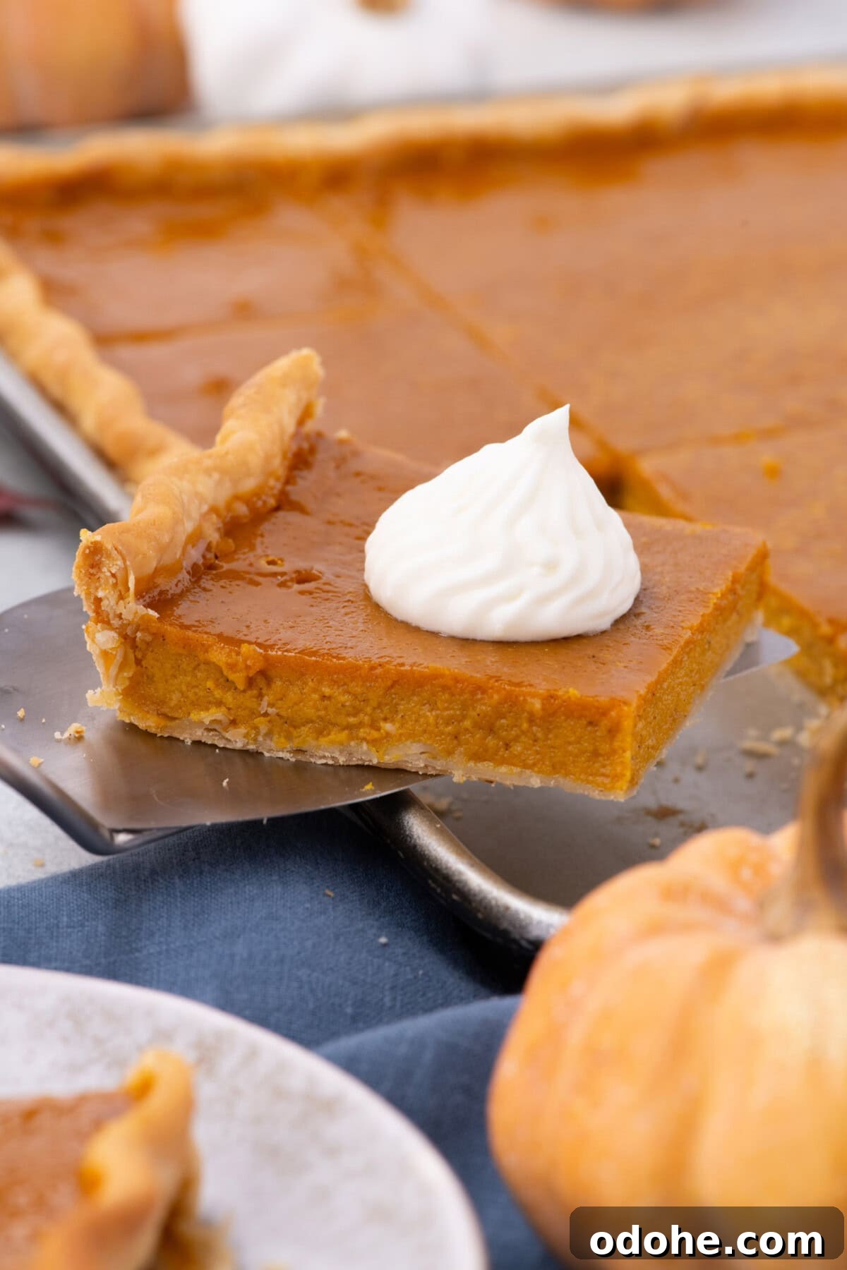Giant Pumpkin Slab Pie Recipe for Fall Gatherings 3 Slice of Pumpkin Slab Pie on a spatula