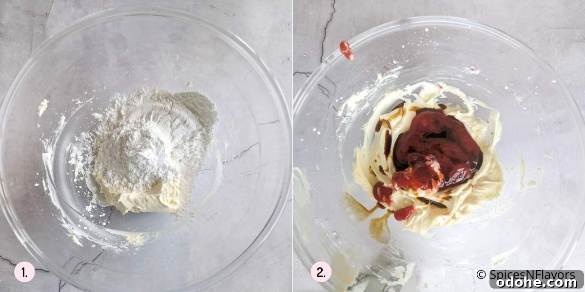 Strawberry Cream Cheese Cake Filling Recipe for Moist Layer Cakes 4 beating cream cheese, sugar, vanilla extract and strawberry puree to form the base