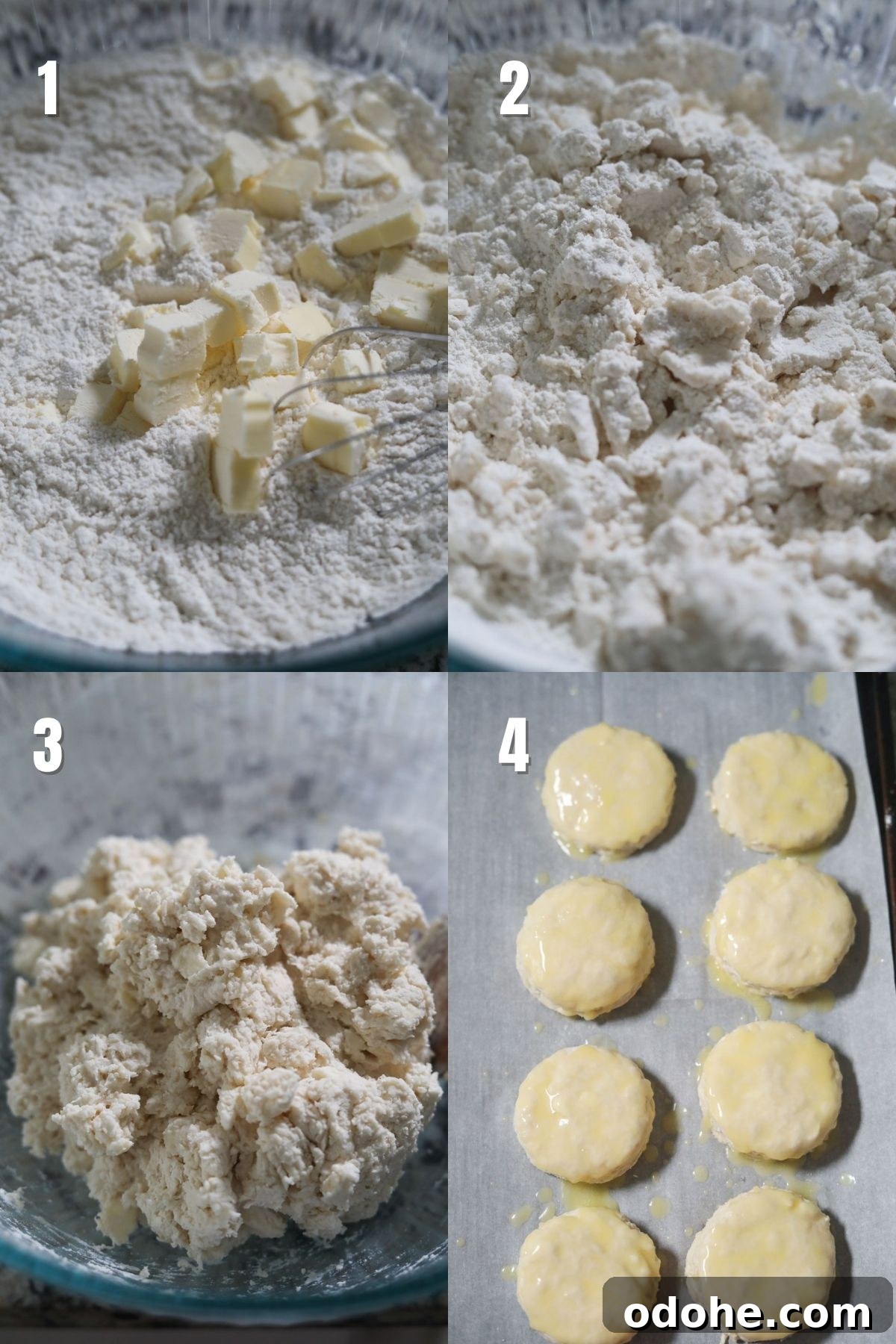Step by step images for making southern buttermilk biscuits.