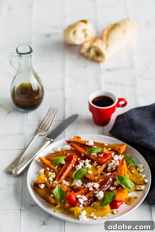 Roasted Pepper and Goat Cheese Salad Recipe 2 Balsamic roasted peppers with goat's cheese and basil make a beautifully summery side salad or vegetarian picnic dish, the vibrant colours and simple preparation make a star dish that requires very little input to create.