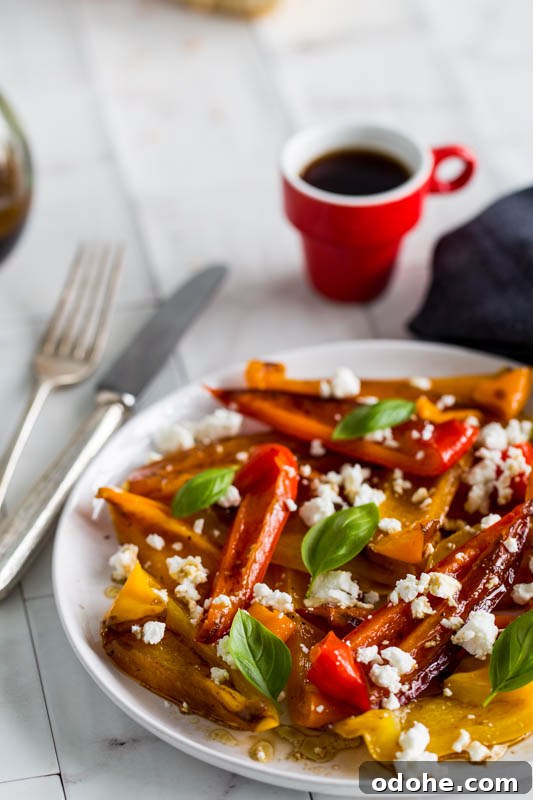 Roasted Pepper and Goat Cheese Salad Recipe 3 Balsamic roasted peppers with goat's cheese and basil make a beautifully summery side salad or vegetarian picnic dish, the vibrant colours and simple preparation make a star dish that requires very little input to create.