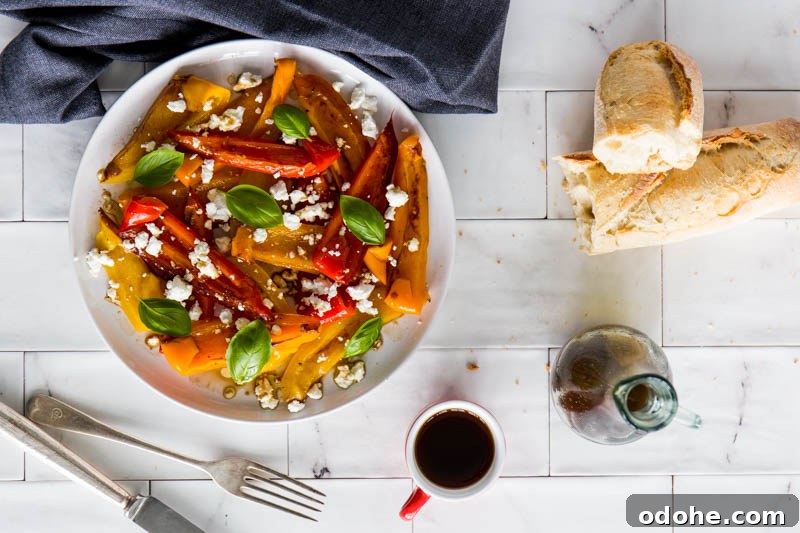 Roasted Pepper and Goat Cheese Salad Recipe 5 Balsamic roasted peppers with goat's cheese and basil make a beautifully summery side salad or vegetarian picnic dish, the vibrant colours and simple preparation make a star dish that requires very little input to create.
