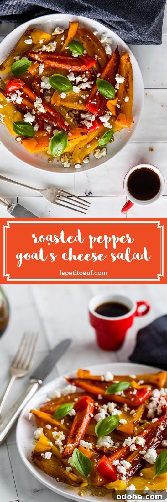 Roasted Pepper and Goat Cheese Salad Recipe 7 Balsamic roasted peppers with goat's cheese and basil make a beautifully summery side salad or vegetarian picnic dish, the vibrant colours and simple preparation make a star dish that requires very little input to create.