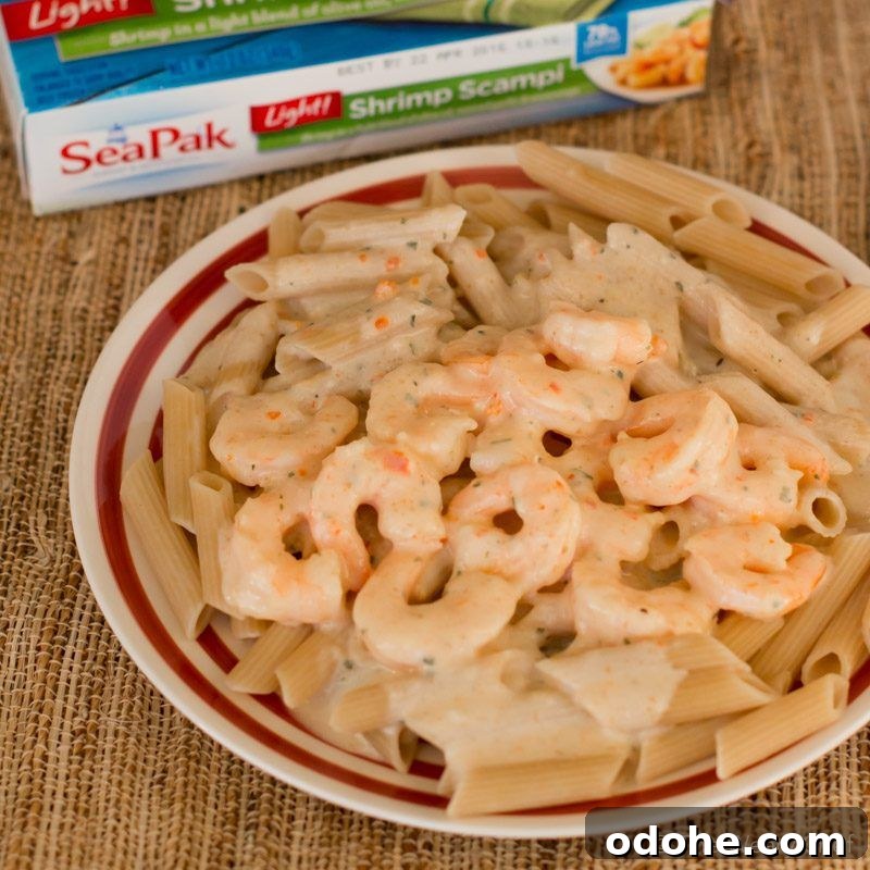 Believe it or not, this delicious Shrimp Scampi Alfredo is ready in about 15 minutes and is lightened up too!