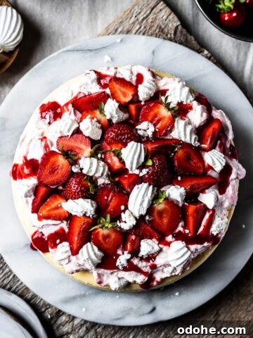 A top view of a vanilla cheesecake topped with whipped cream, strawberry coulis, fresh strawberries and rose water meringues on a marble platter and a rustic wooden cutting board.