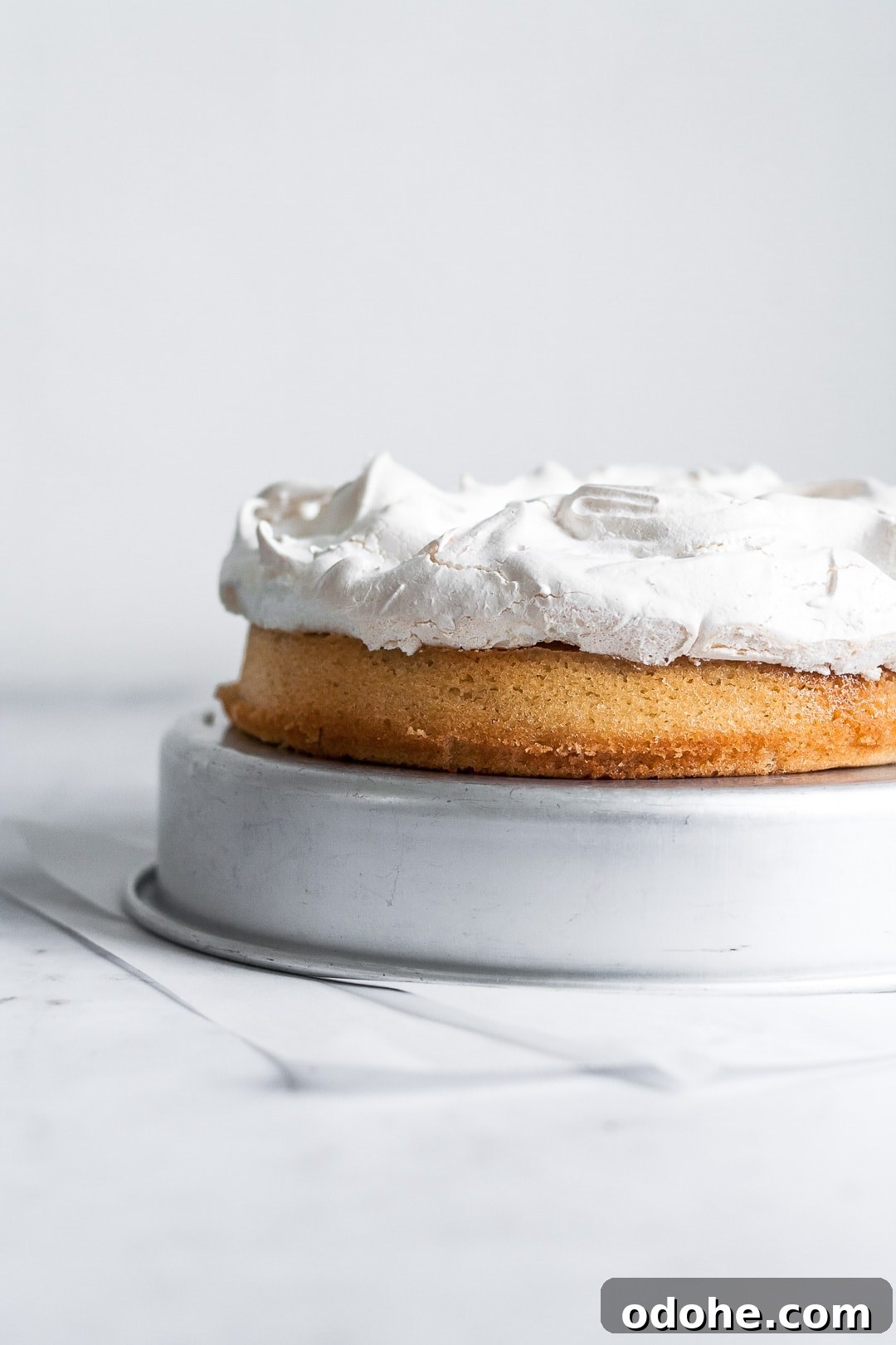 Side view of coconut cake topped with a layer of baked white meringue