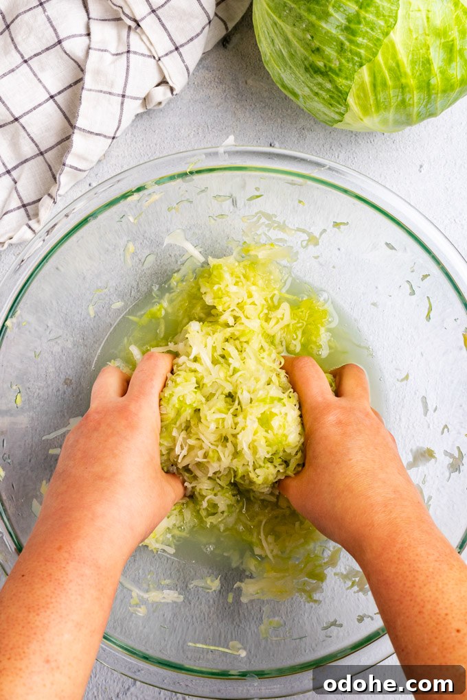 Shredded cabbage that has been massaged, and wilted down. Hands are massaging the cabbage to prepare it for sauerkraut.