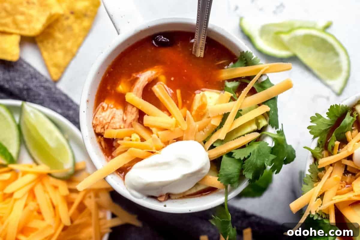 Authentic Mexican Tortilla Soup Recipe with Crispy Tortilla Strips 9 Spoon in a white mug of tortilla soup topped with cheese and sour cream