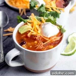 Authentic Mexican Tortilla Soup Recipe with Crispy Tortilla Strips 10 Tortilla soup in a white mug, topped with cheese and sour cream