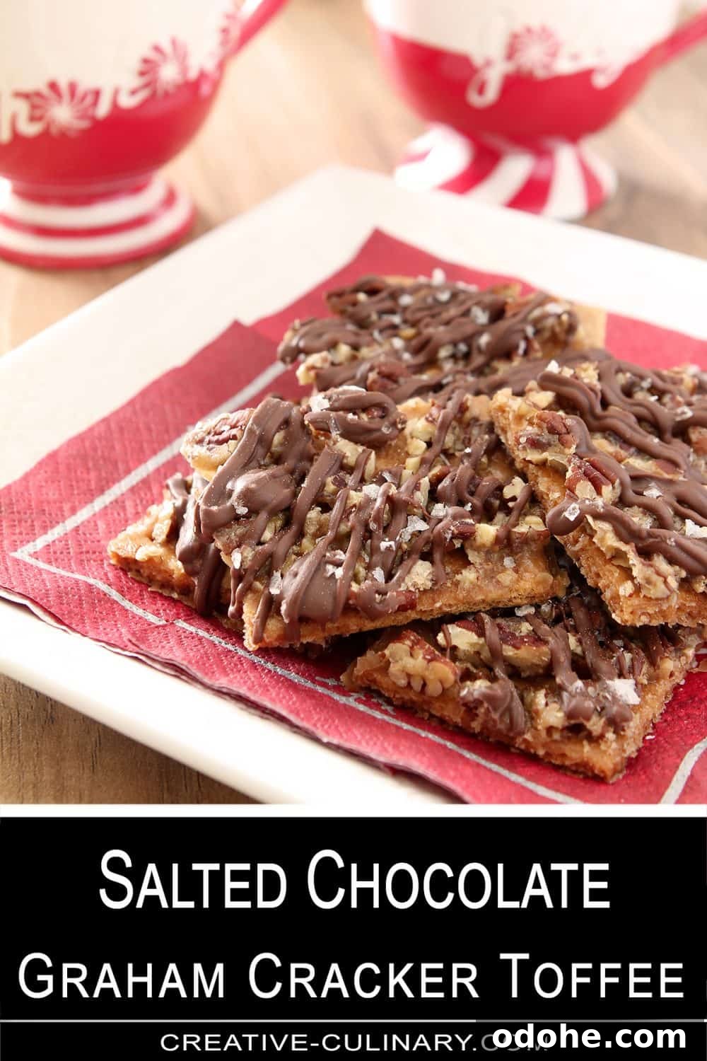 Salted Chocolate Toffee on Graham Crackers — Crunchy Dessert Recipe 5 Salted Chocolate Graham Crackers Toffee Bars are comparable to English toffee but so much easier to make. Served on a Red Napkin.