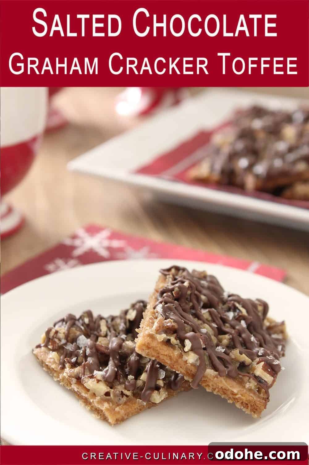 Salted Chocolate Toffee on Graham Crackers — Crunchy Dessert Recipe 6 Salted Chocolate Graham Cracker Toffee Bars are Served on a White Plate.