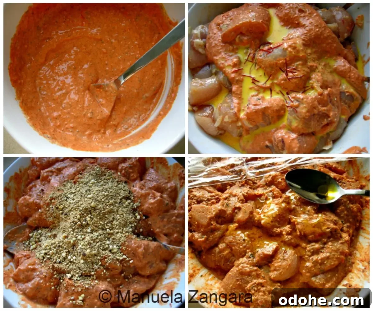 Chicken Tikka Recipe: Authentic Murgh Tikka Marinade & Grill Tips 4 Collage showing the yoghurt marinade being mixed with spices, saffron milk, and chickpea flour.