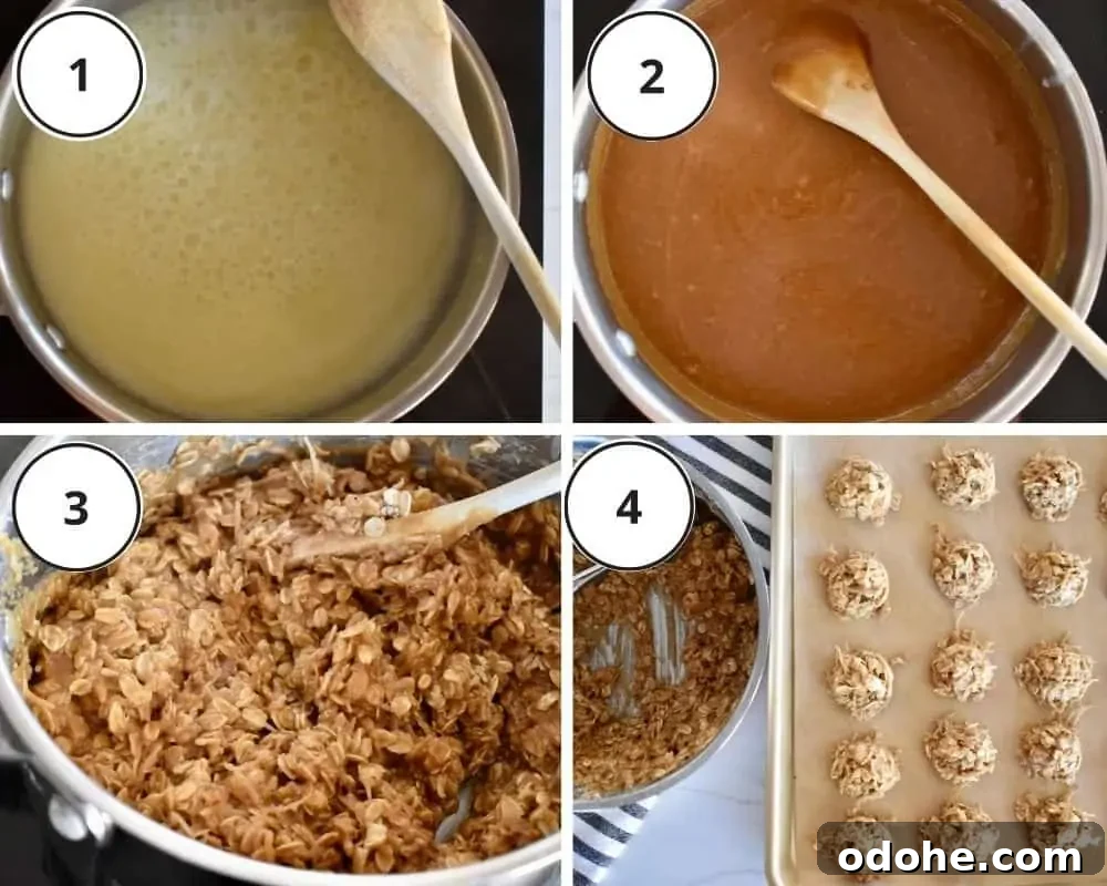 process shots including boiling the butter and sugar, adding in the spread, coconut, and rolled oats, and scooping the mixture out onto the baking sheets. 