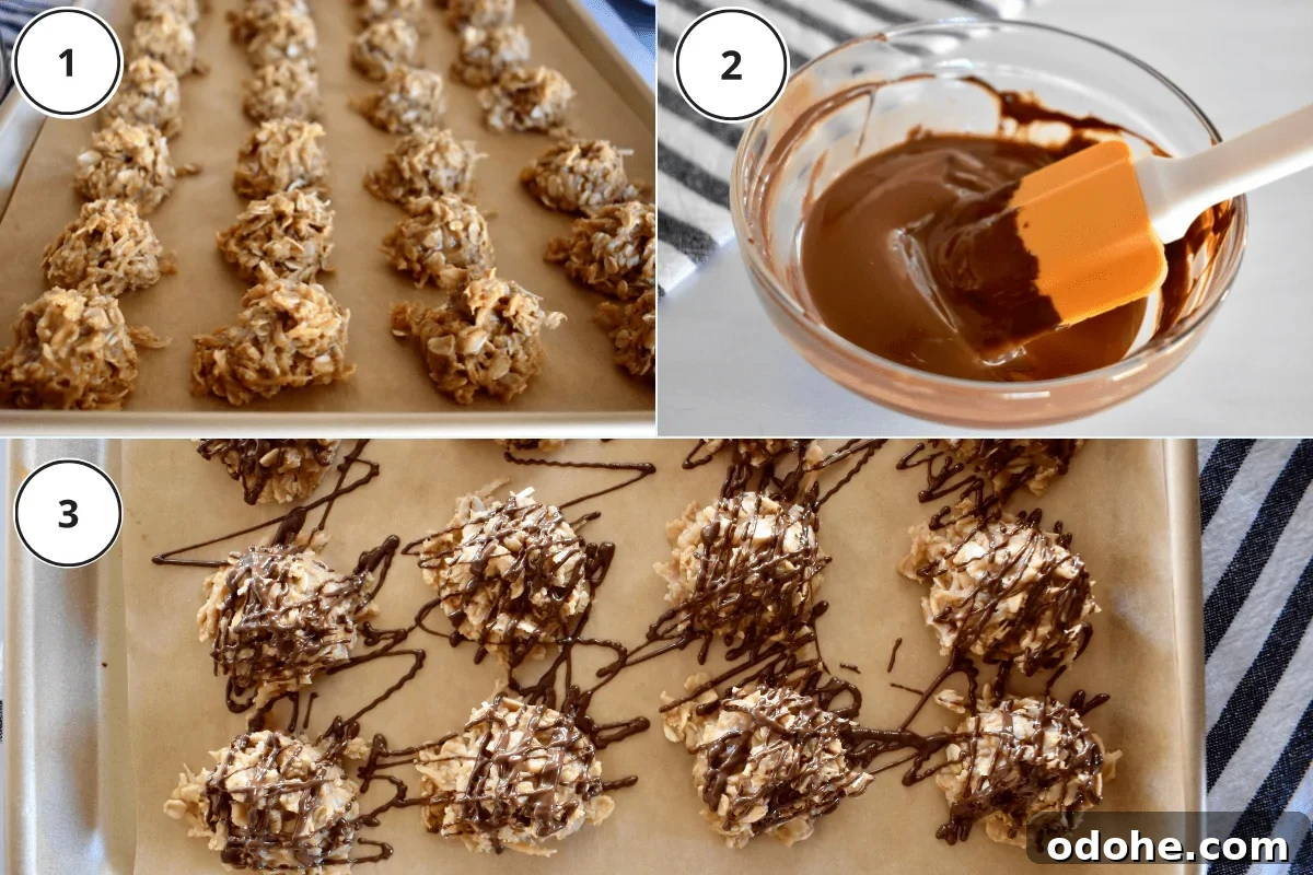 process shots showing the batter scooped onto the parchment and the chocolate being melted to drizzle overtop. 