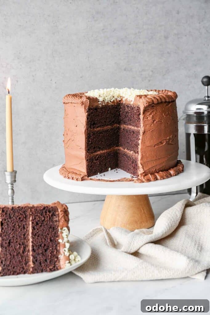 a layered chocolate cake with chocolate frosting is the perfect Valentine's Day Recipe.