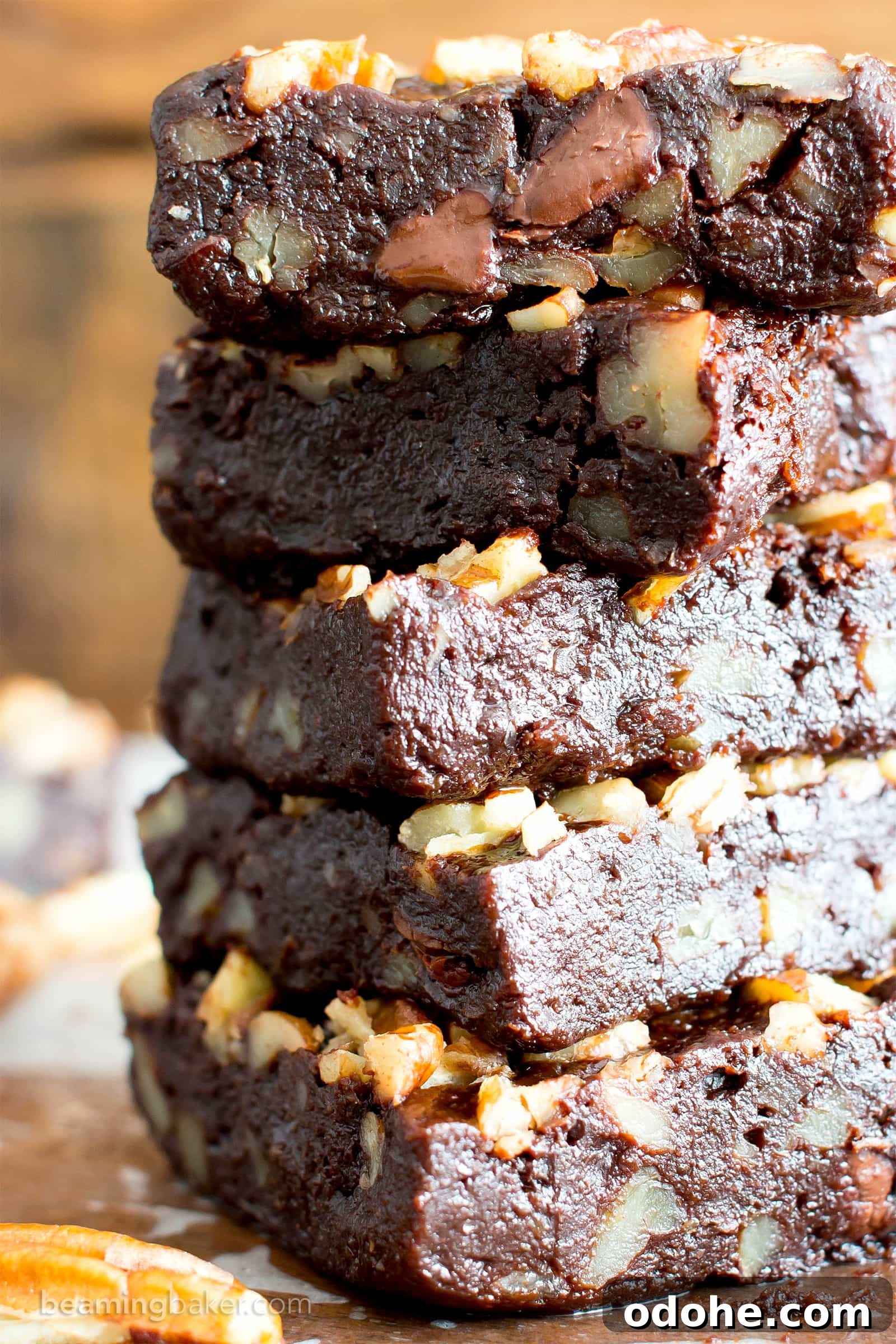 Super Fudgy Maple Pecan Paleo Brownies — Vegan, Gluten Free, Dairy-Free 6 Brownie slice with pecans