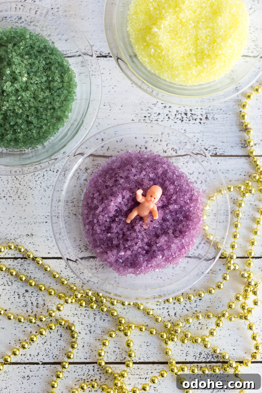 Crepe King Cake: Traditional French King Cake Made with Crepes 4 Crepe King Cake - sprinkles, baby JC & mardi gras beads