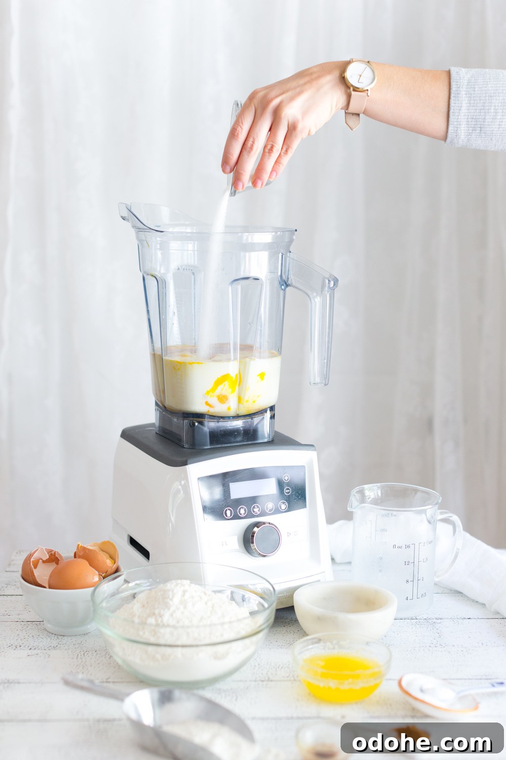 Crepe King Cake: Traditional French King Cake Made with Crepes 6 Crepe King Cake making batter in Vitamix
