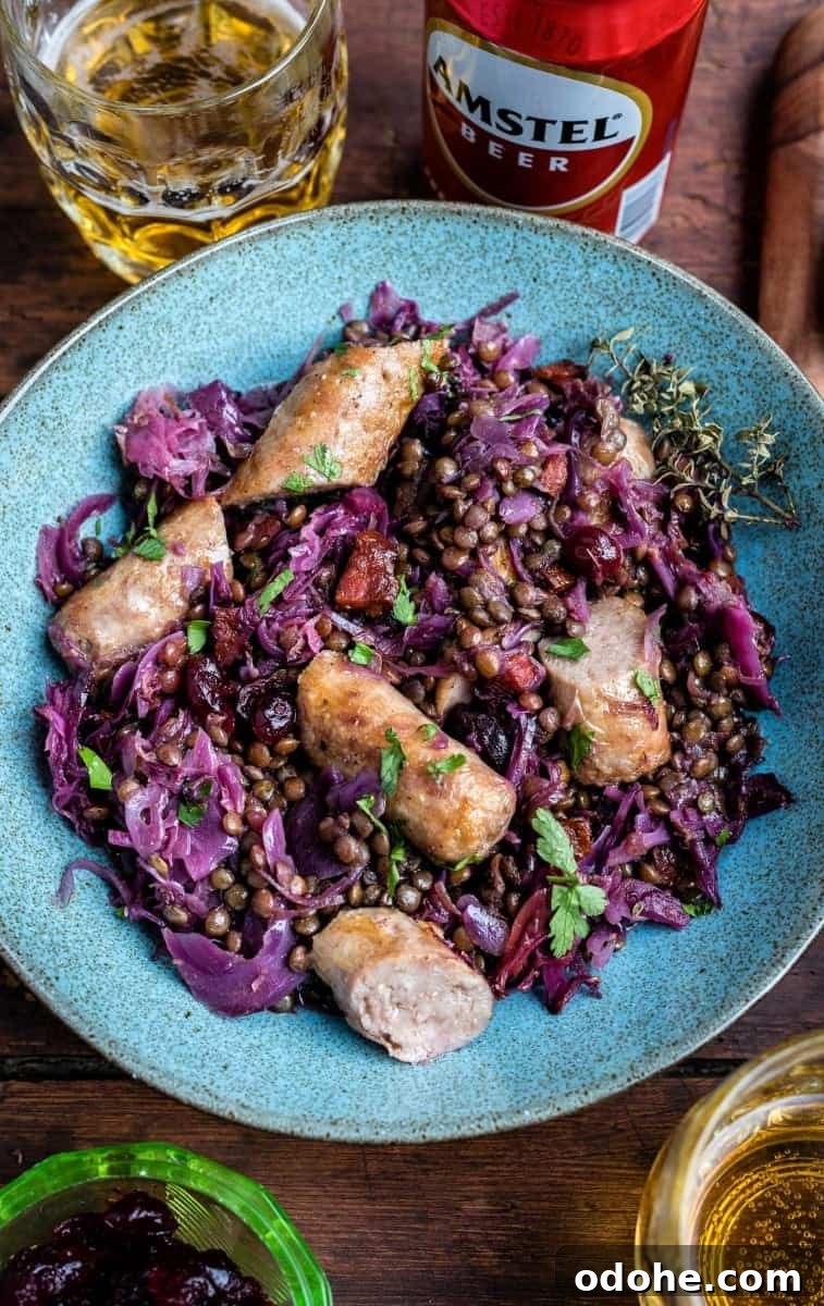 Hearty Sausage, Lentil & Cabbage Stew Recipe 3 Beer-braised sausages with chorizo, lentils and red cabbage