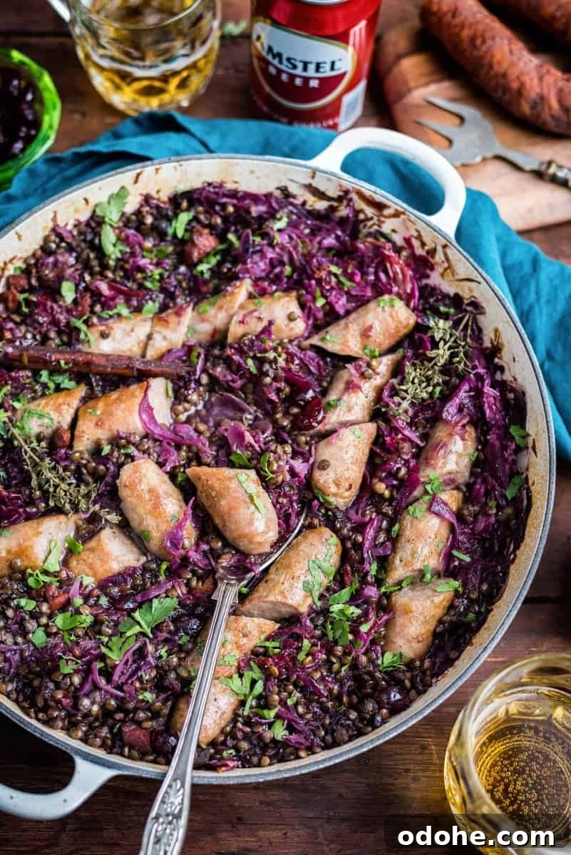 Hearty Sausage, Lentil & Cabbage Stew Recipe 4 Beer-braised sausages with chorizo, lentils and red cabbage