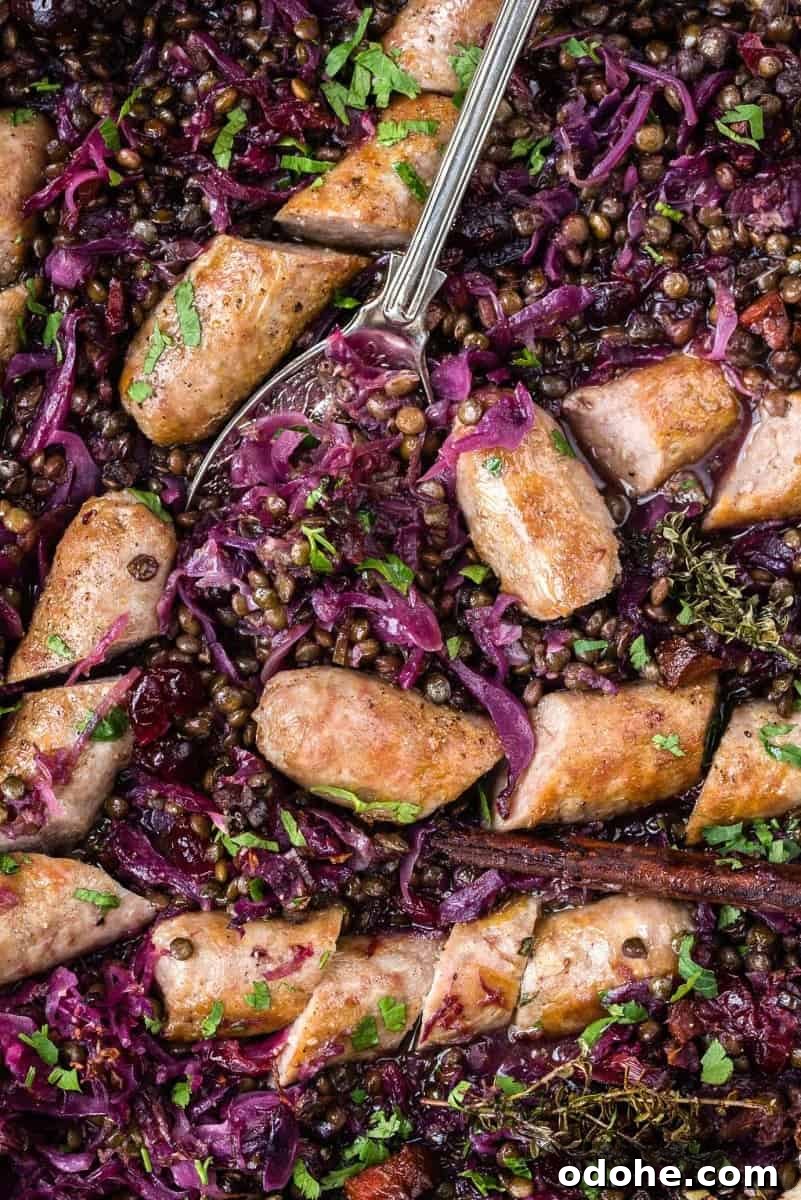 Hearty Sausage, Lentil & Cabbage Stew Recipe 5 Beer-braised sausages with chorizo, lentils and red cabbage