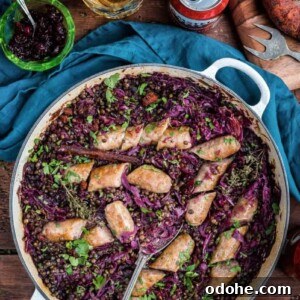 Beer braised cabbage, lentils and sausages