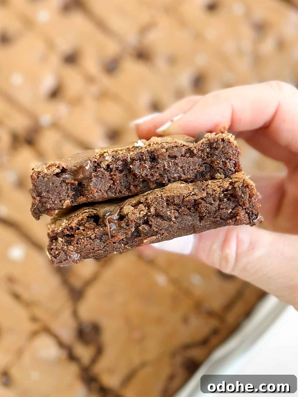 Chewy Sheet Pan Brownies: Perfect Brownie Recipe for Sharing 11 my hand holding 2 stacked brownies to see the inside texture.