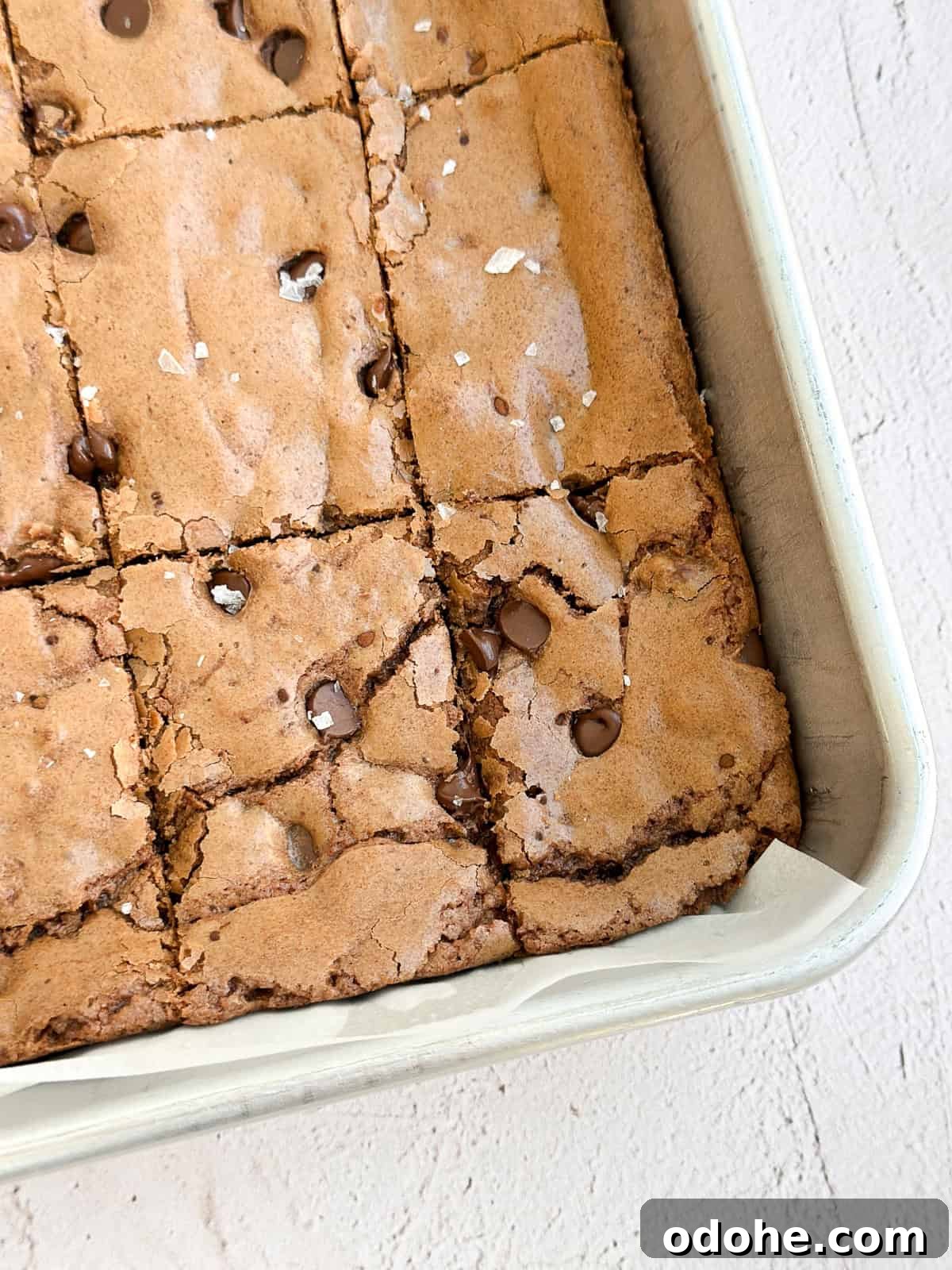 Chewy Sheet Pan Brownies: Perfect Brownie Recipe for Sharing 12 a close up of sheet pan brownies in the pan after cutting.