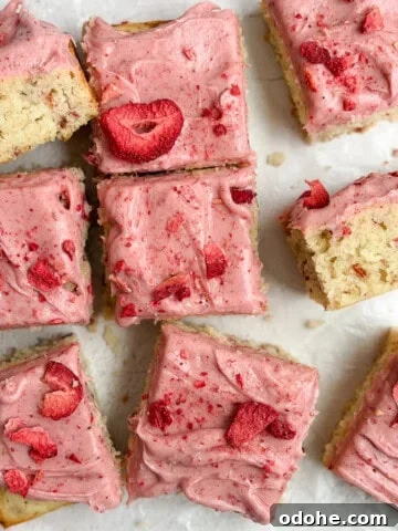 the whole strawberry snack cake cut into squares.
