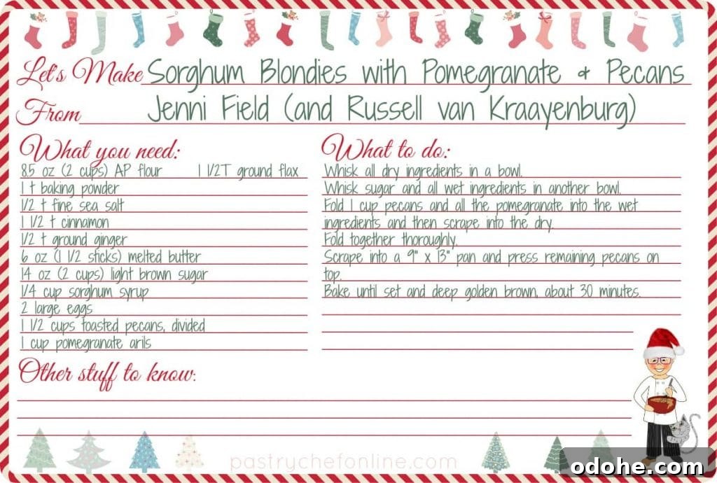 Christmas Sorghum Blondies with Pomegranate & Pecans Recipe 6 Sorghum Blondies recipe card with ingredients and instructions