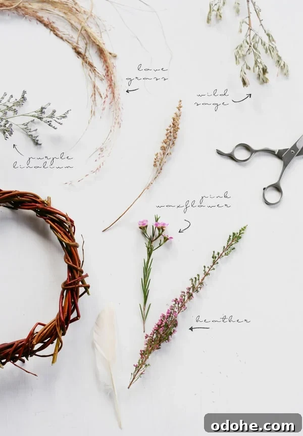 Supplies to make a willow wreath on a white table. - front door