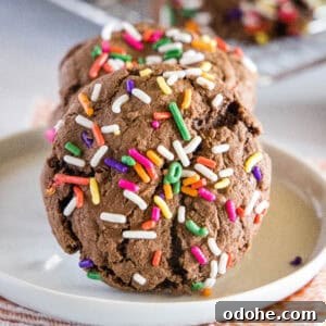 Chocolate Sprinkle Cookies Recipe: Soft Baked Sugar Cookie Treats 4 close up chocolate sprinkle cookies on a plate