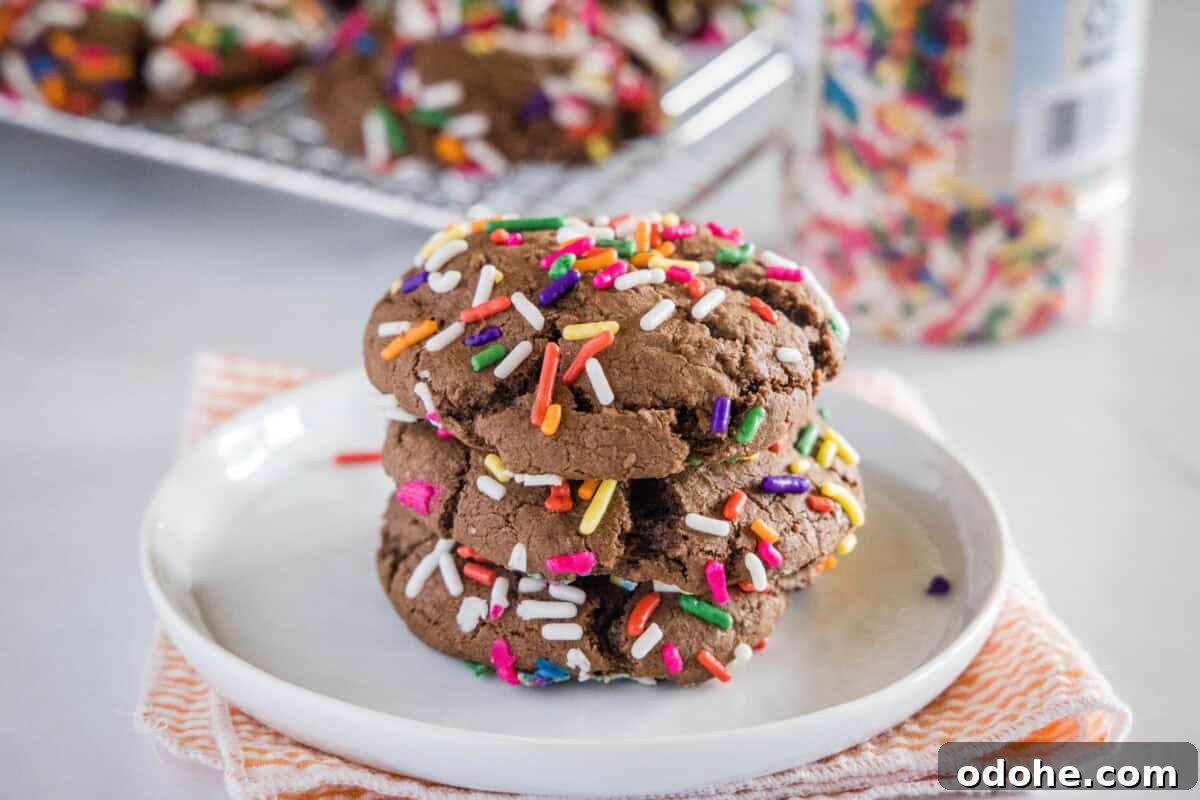 Chocolate Sprinkle Cookies Recipe: Soft Baked Sugar Cookie Treats 8 Chocolate Sprinkle Cookies - chocolate cookies from cake mix are super easy to make! Just 3 ingredients to make these thick, chewy, and fudgy cookies. Coated in fun sprinkles for any occasion.