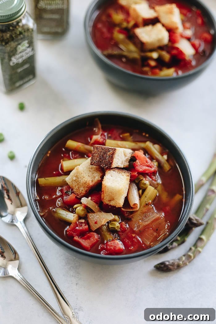 Bowl of vegetable soup topped with homemade croutons. Silverware, jars of spices and fresh asparagus surround the bowl.