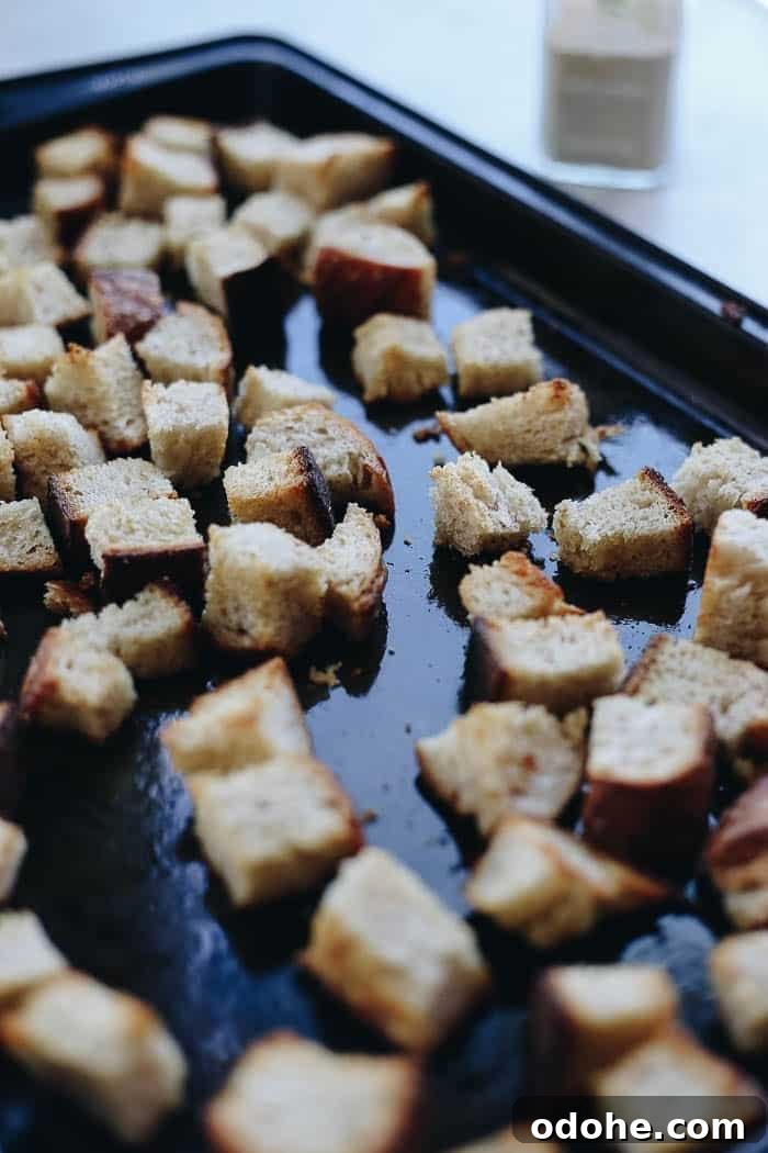 Sheet pan with fresh made croutons.