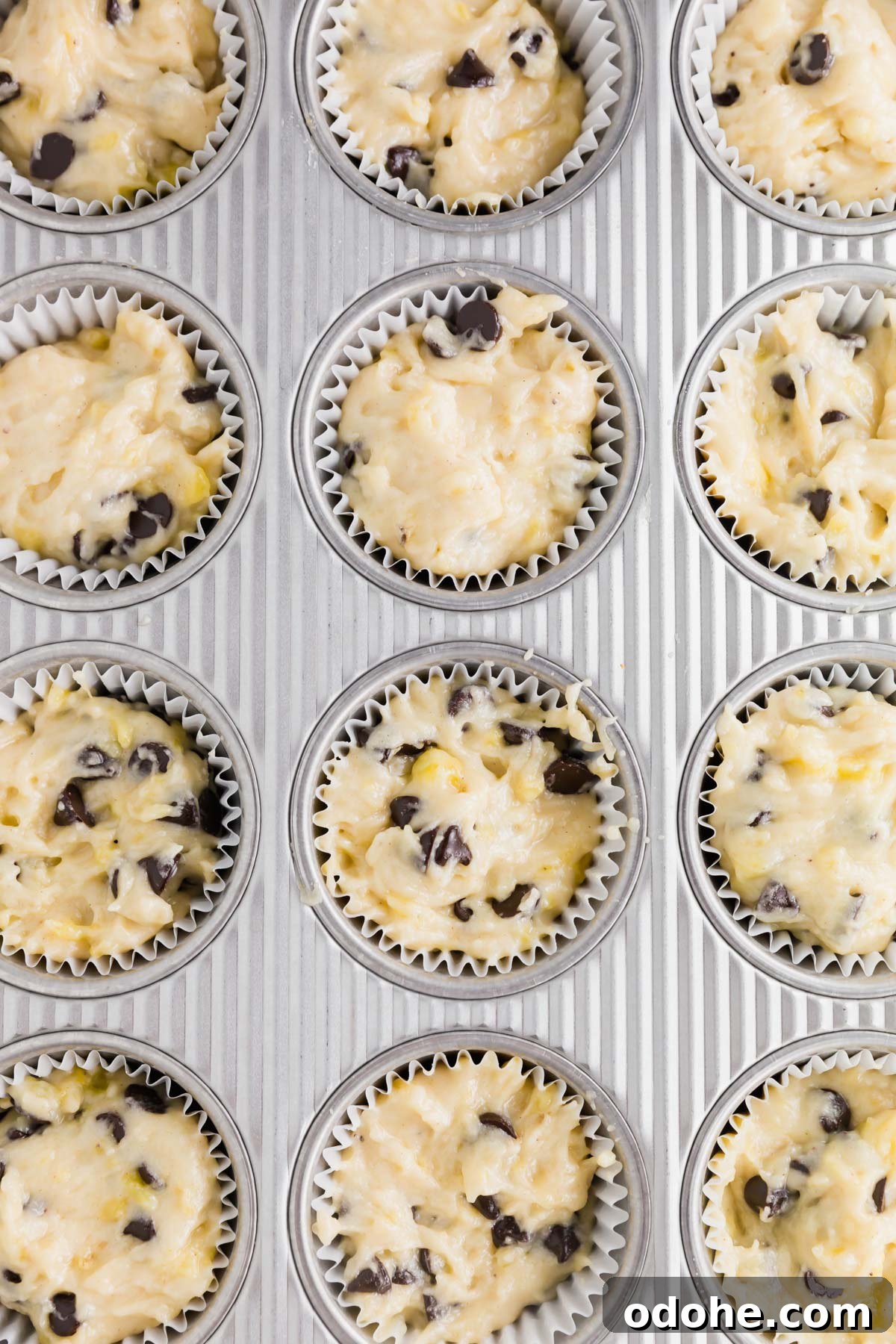 Gluten-Free Vegan Banana Chocolate Chip Muffins Recipe 7 Gluten-free vegan banana chocolate chip muffin batter in a muffin tin.