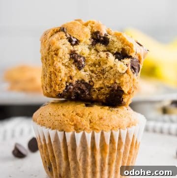 Gluten-Free Vegan Banana Chocolate Chip Muffins Recipe 9 A stack of two banana chocolate chip muffins with the top one cut in half.