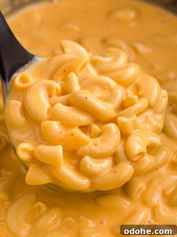 Close up of a spoonful of crockpot Velveeta mac and cheese with tender elbow macaroni covered in thick melted cheese sauce.