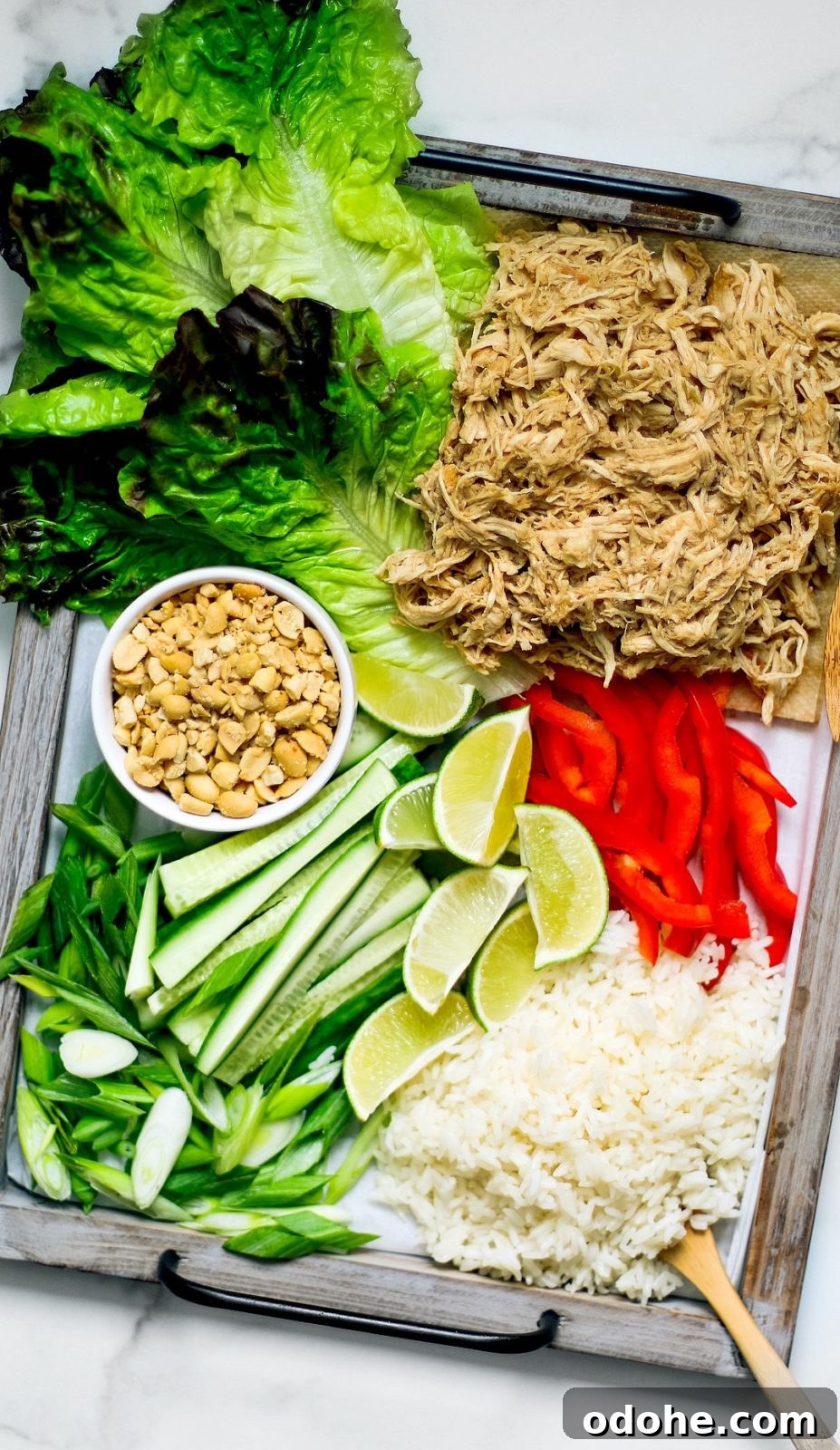 Instant Pot Ginger Chicken Lettuce Wraps Recipe 3 Lettuce wrap ingredients sprawled over platter.