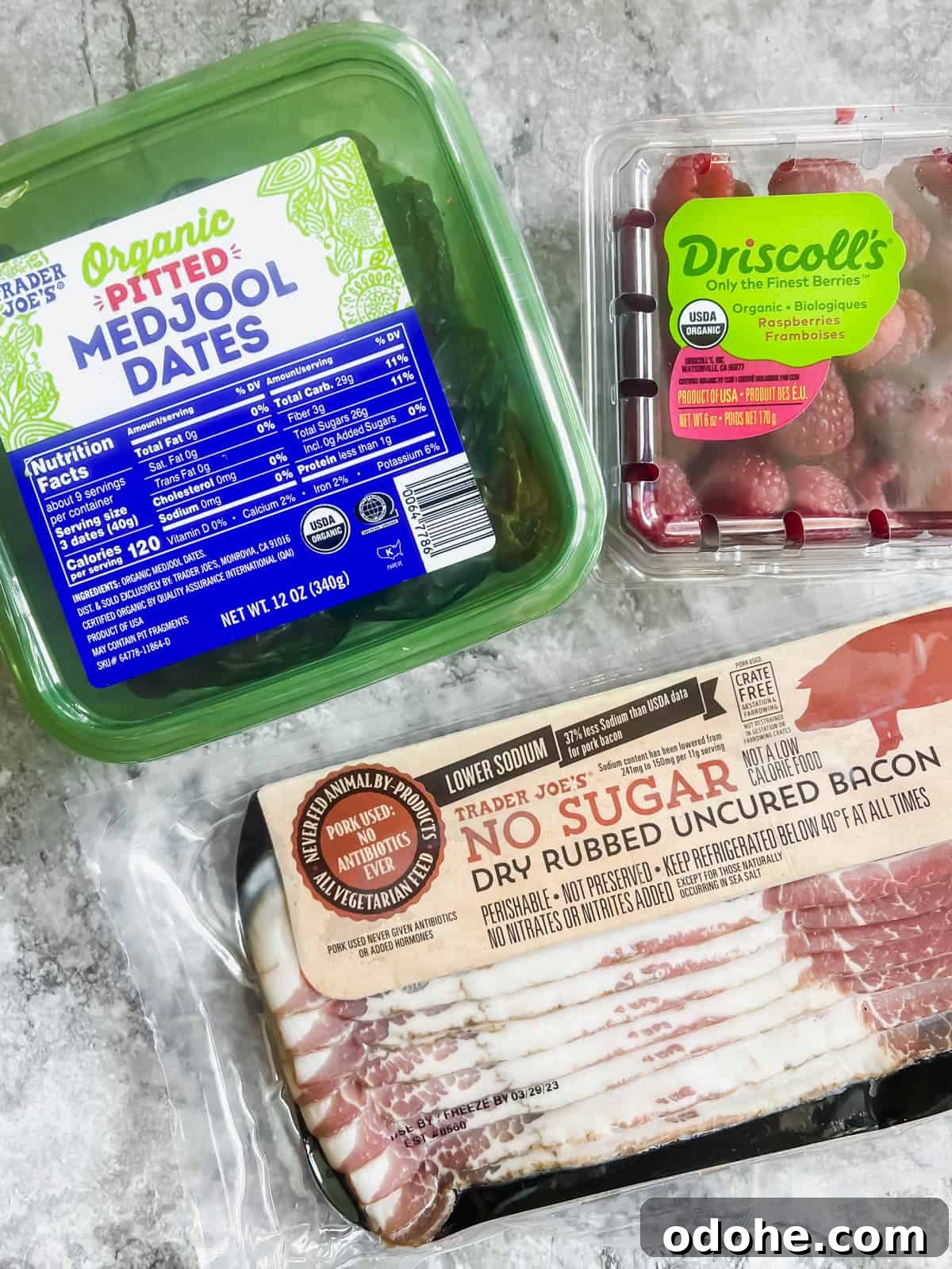Bacon-Wrapped Raspberry-Stuffed Dates | Paleo & Whole30-Friendly 4 Ingredients needed to make raspberry stuffed dates wrapped in bacon.