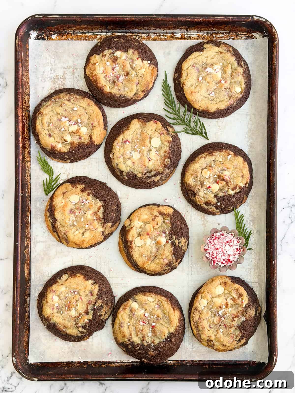 Peppermint White Chocolate Brookie Cookies Recipe 16 all the cookies on a baking sheet.