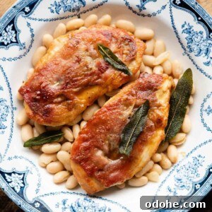 Chicken Saltimbocca Recipe: Tender Prosciutto-Wrapped Chicken with Sage 12 A cropped square image of chicken saltimbocca in a blue bowl on top of cannellini beans.